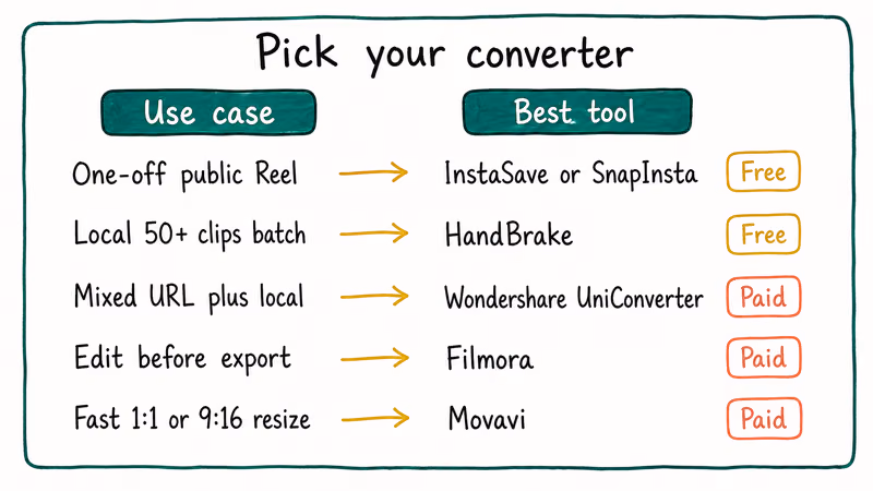 Decision matrix matches Instagram converter use cases to the right free or paid tool