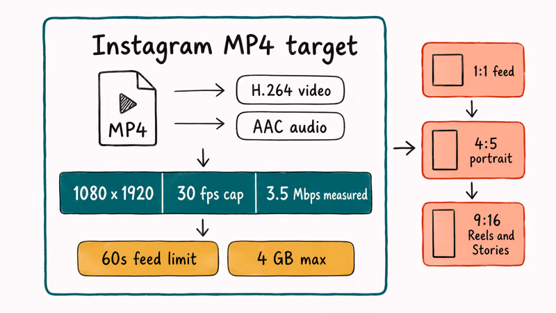 Instagram video format specs target H.264 MP4 1080p at 30 fps