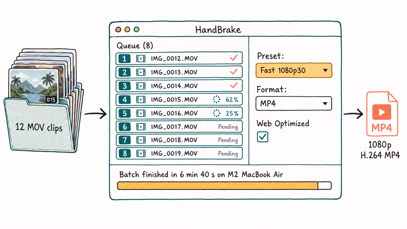 HandBrake batch queue converts twelve Story recordings to MP4 in six minutes