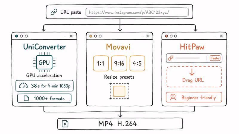 UniConverter Movavi and HitPaw compared on speed and Instagram resize presets