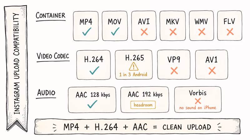 MP4 and MOV with H.264 and AAC pass Instagram upload checks.