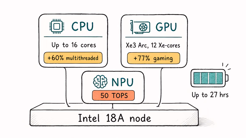 Intel Panther Lake spec highlights showing sixteen CPU cores, Xe3 GPU, and fifty TOPS NPU