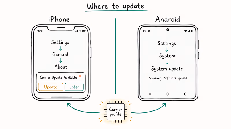 Side by side iPhone and Android settings screens showing the carrier update menu paths.