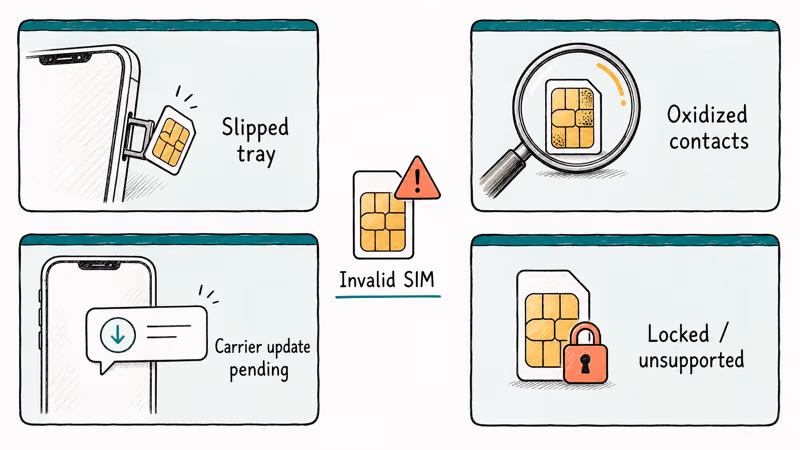 Four hand-drawn cards showing the four common causes of Invalid SIM Card error on phones.