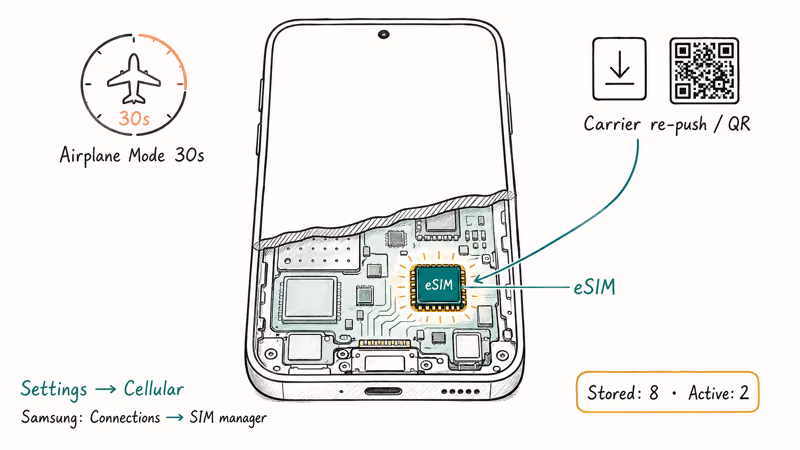 Hand-drawn phone cutaway showing embedded eSIM chip with profile re-push icon and airplane mode timer.