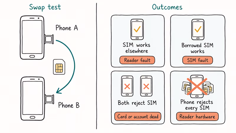 Hand-drawn flow diagram of swapping SIM between two phones with a four-outcome fault matrix.