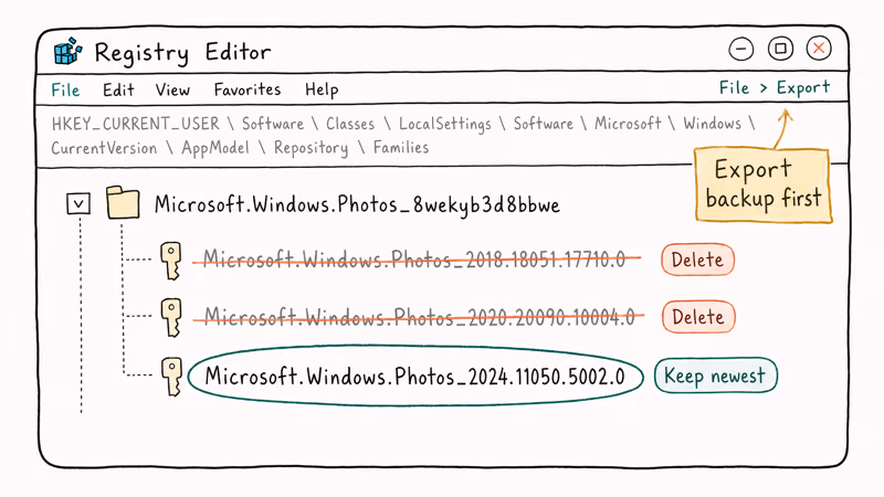 Registry Editor keeps newest Microsoft Photos subkey and marks old ones.