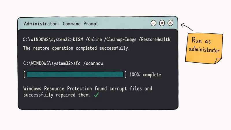 Elevated Command Prompt running DISM and sfc scannow with successful repair confirmation message