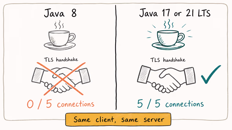 Java 8 failures compared with Java 17 successful Minecraft connections