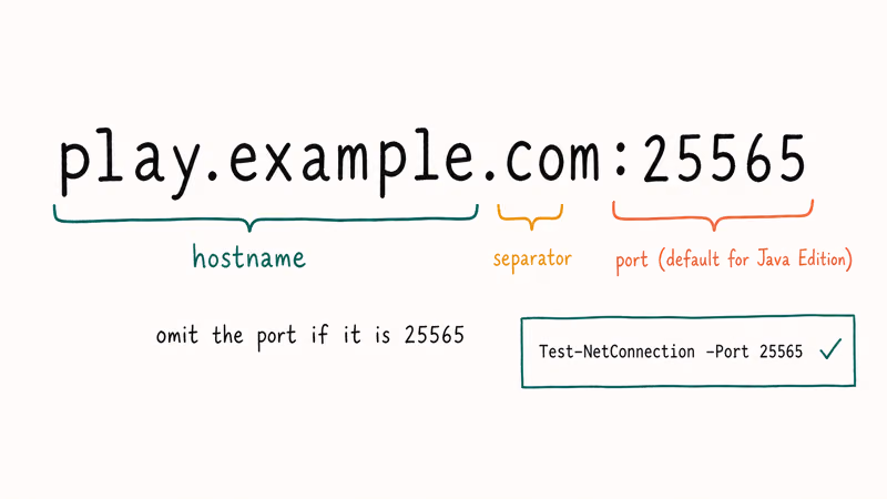 Minecraft server address broken into hostname separator and port labels