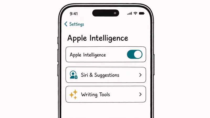 Settings screen showing an Apple Intelligence row with an enable toggle switched on