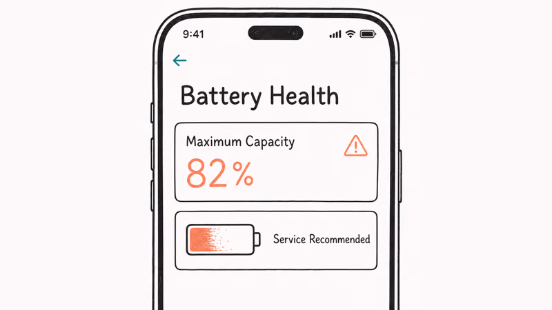 iPhone battery health screen showing maximum capacity percentage and a worn battery