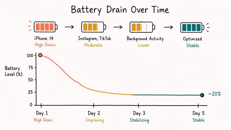 Horizontal timeline showing iOS 26 battery drain settling to normal over several days