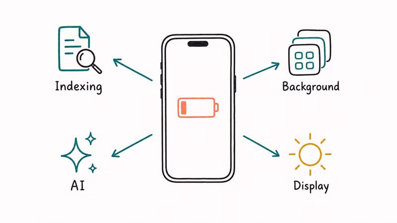 iPhone with labeled arrows pointing to iOS 26 battery drain sources like indexing