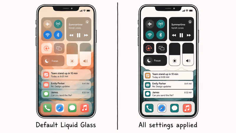 Comparison of an iPhone home screen before and after flattening Liquid Glass settings
