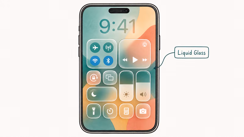 Illustration of an iPhone Control Center showing the translucent iOS 26 Liquid Glass effect