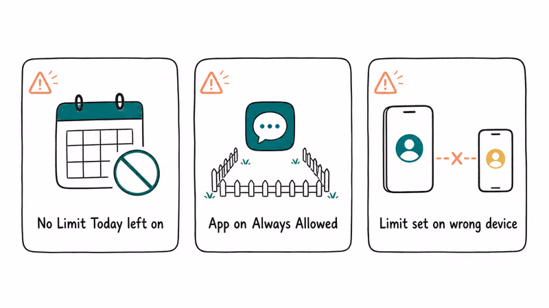 Infographic of three Screen Time configuration mistakes that look like iOS bugs