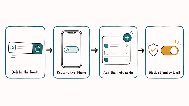 Flowchart of deleting and recreating an iOS 26 Screen Time app limit