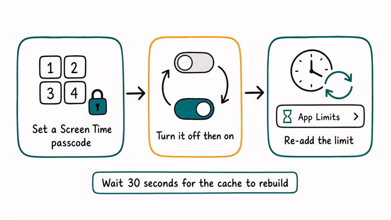 Flowchart of setting a passcode and resetting the Screen Time cache