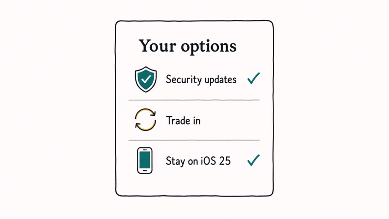 Card listing next steps like security updates, trade-in, and staying on iOS 25