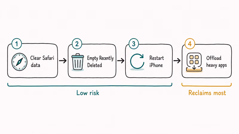 Ordered low-risk steps clearing Safari data, emptying Recently Deleted, restarting, then offloading heavy apps