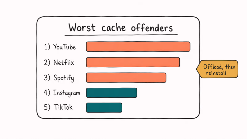 Ranking of heavy streaming and social apps to offload first to reclaim System Data