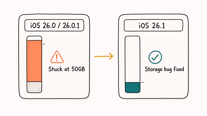 Comparison of buggy iOS 26.0 storage bloat versus the fixed iOS 26.1 update