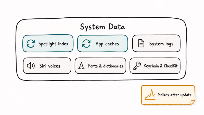 Breakdown of what iOS System Data holds including Spotlight index, caches, fonts, and Keychain data