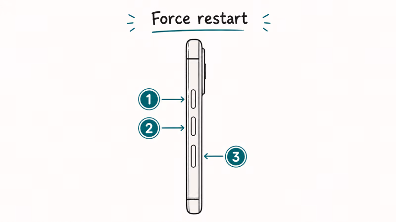 iPhone side view with numbered button presses showing the force restart sequence