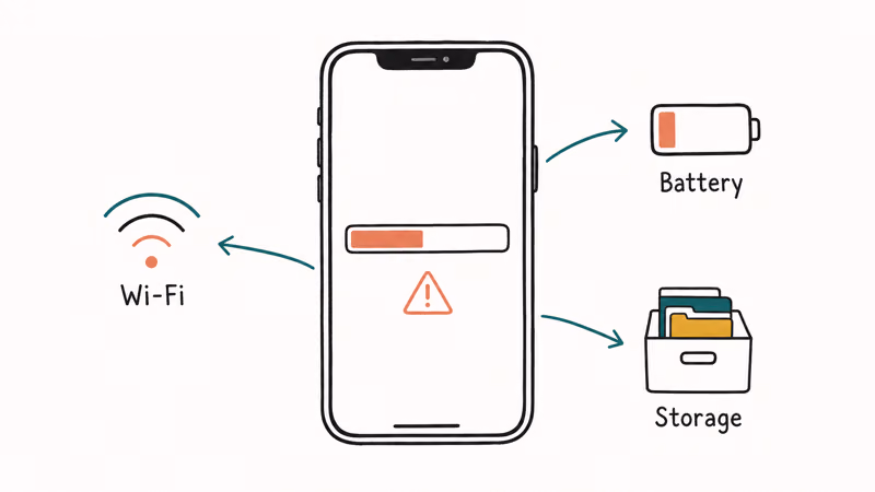 iPhone with a frozen progress bar and labeled arrows to common iOS update stall causes
