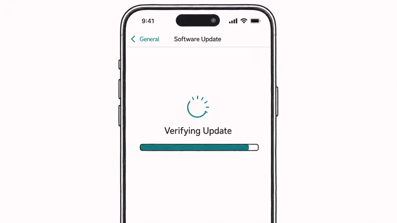 iPhone update screen showing a verifying update progress message and a spinner