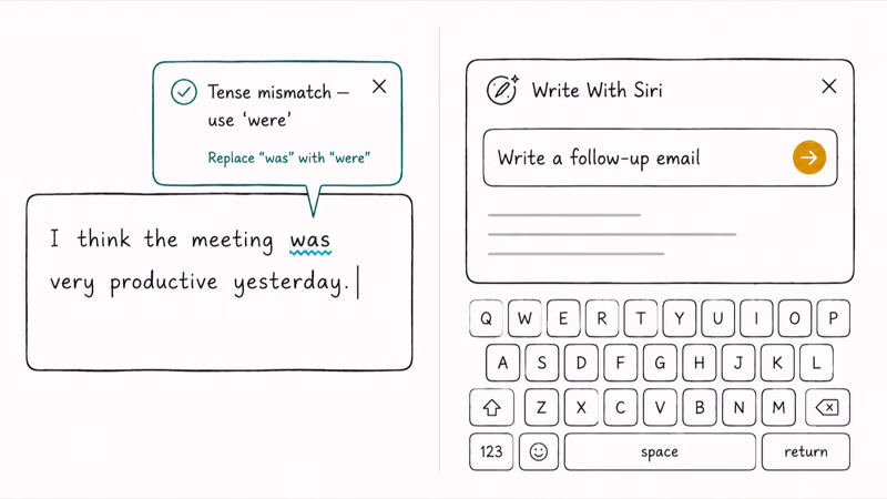 Writing Tools showing grammar checker underlines on text and Write With Siri generation prompt above keyboard