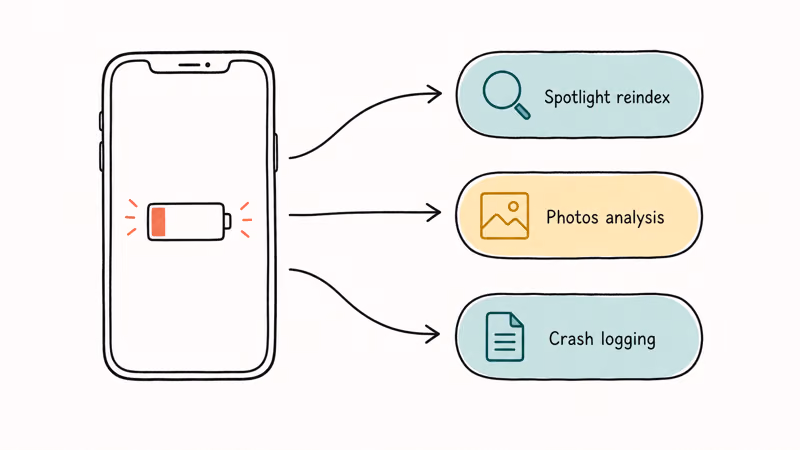 Diagram showing iOS 27 beta background tasks draining iPhone battery faster