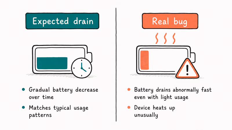 Comparison of expected beta battery drain versus a real iOS 27 bug