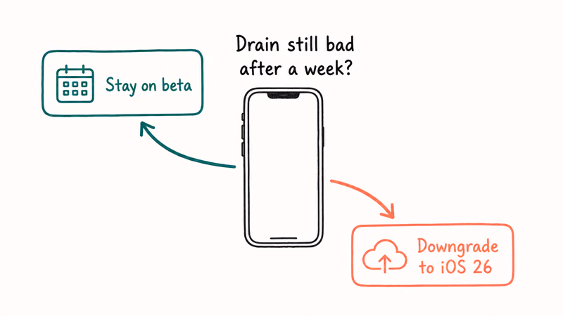 Decision flow showing when to downgrade an iPhone from iOS 27 beta to iOS 26