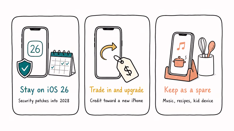 Comparison of three paths for an iPhone dropped from the iOS 27 list