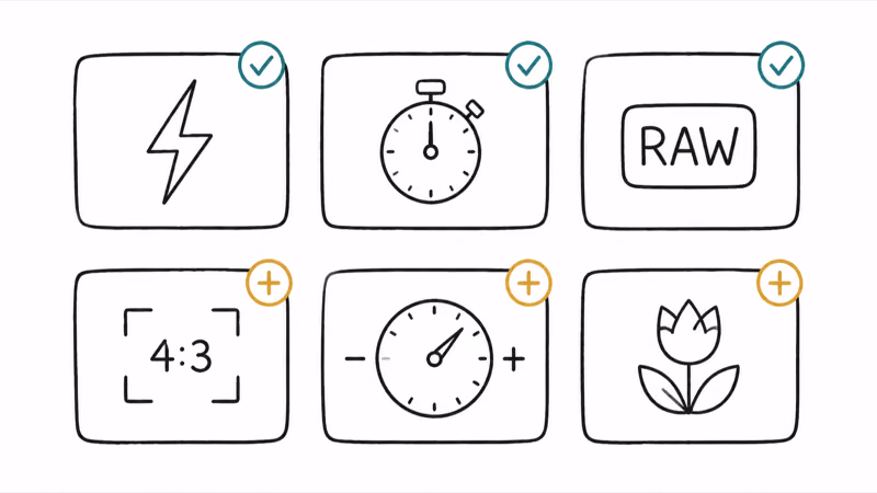 Grid of iOS 27 camera controls you can add or remove including flash timer RAW and exposure
