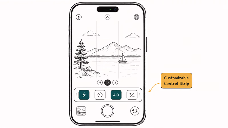 iOS 27 Camera app showing the customizable control widget strip along the bottom of the screen
