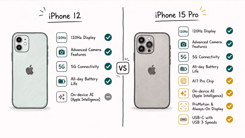 Older iPhone versus iPhone 15 Pro on iOS 27 comparing feature availability with a central VS divider label
