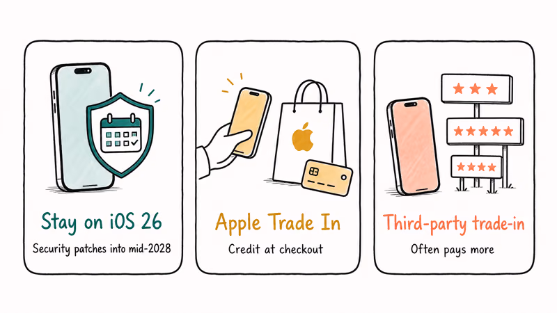 Comparison of three upgrade and trade-in options for an older iPhone capped at iOS 18