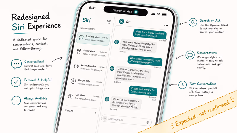 Concept sketch of a redesigned Siri app with chat bubbles and a Dynamic Island Search prompt
