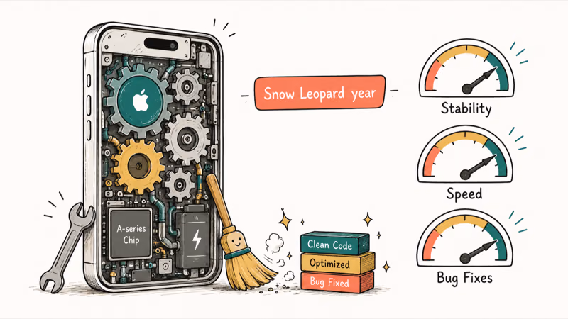 Hand-drawn iPhone cutaway with gears and gauges showing stability speed and bug-fix improvements