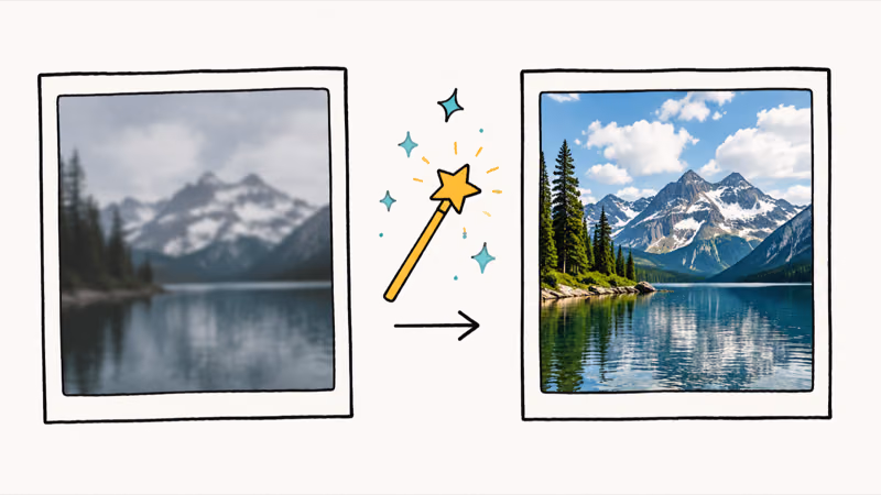 Before and after of the iOS 27 Enhance tool turning a dull blurry photo into a crisp brightened