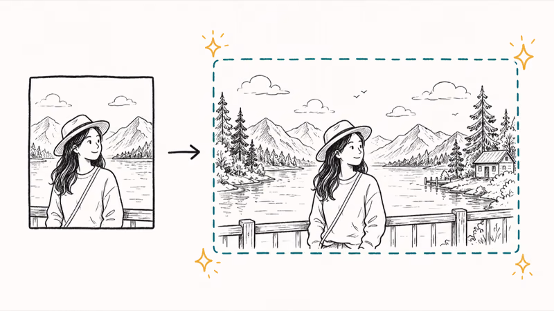 Before and after of the iOS 27 Extend feature expanding a cropped photo with AI-generated edges shown by