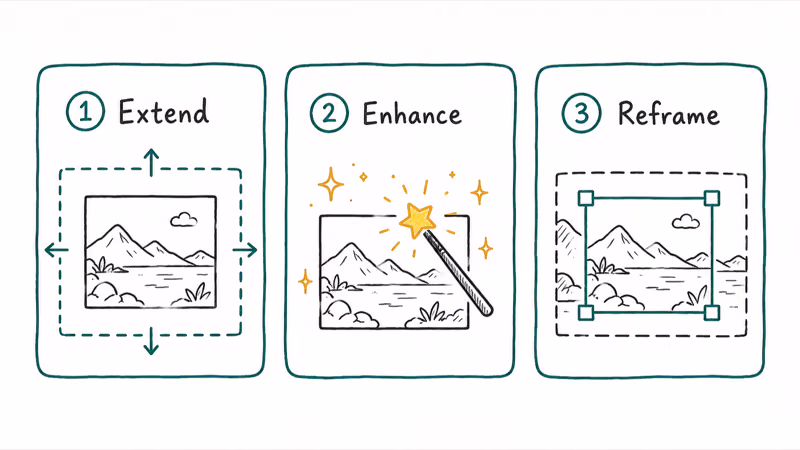 Three new iOS 27 Photos AI tools shown as labeled cards for Extend Enhance and Reframe with sparkle