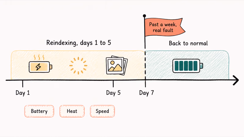 Timeline showing iOS 27 battery and heat settling over several days