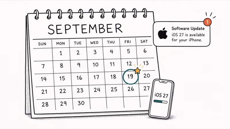 iOS 27 release date circled on a September calendar with an iPhone icon and amber star marker