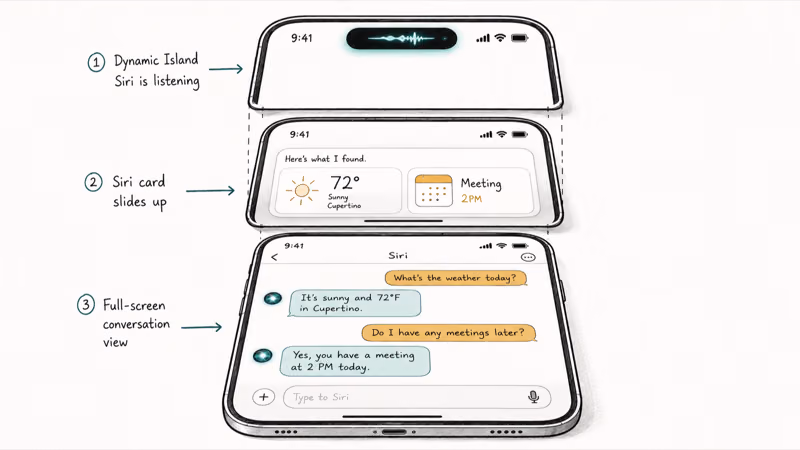 iOS 27 Siri interface showing Dynamic Island pulsing reply card and conversation thread layers