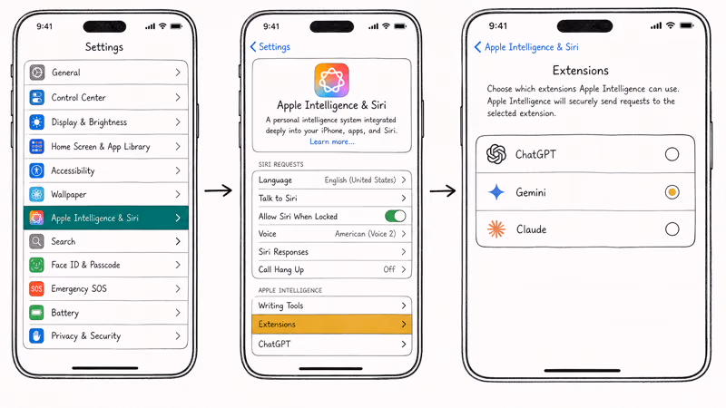 iPhone Settings showing Apple Intelligence Extensions panel with Gemini Claude and ChatGPT provider options