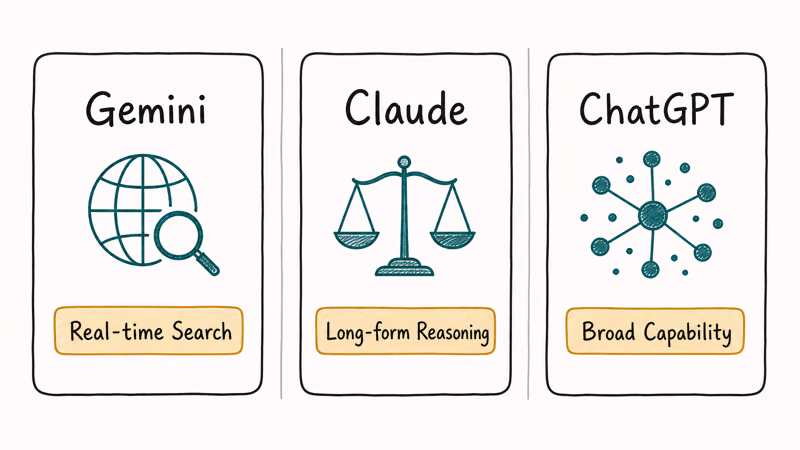 Three-column comparison of Gemini Claude and ChatGPT AI provider strengths in iOS 27 Extensions